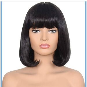 morvally Short Black Bob Wig w/Bangs Heat Resistant Synthetic Hair 14",2# Black